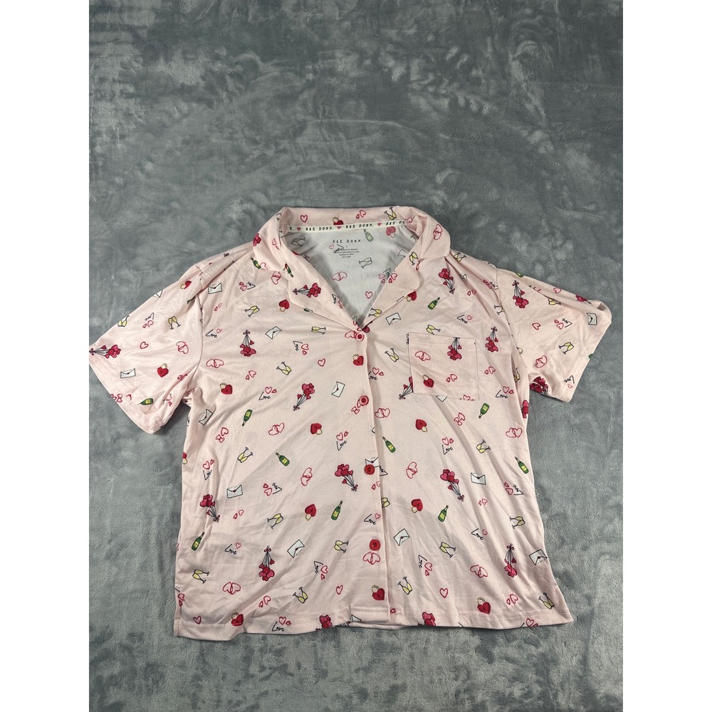 Rae Dunn Womens Pink Valentines Day Hearts‎ Pajama Top Short Sleeve Button Up L